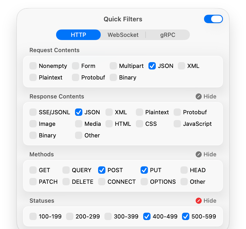 Sessio quick filters interface.